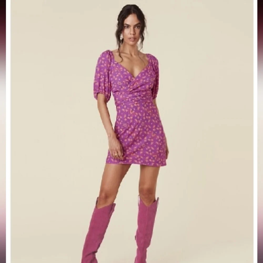 Spell Madame Peacock Pink Mini Ruffled Puff Sleeve Dress size Medium